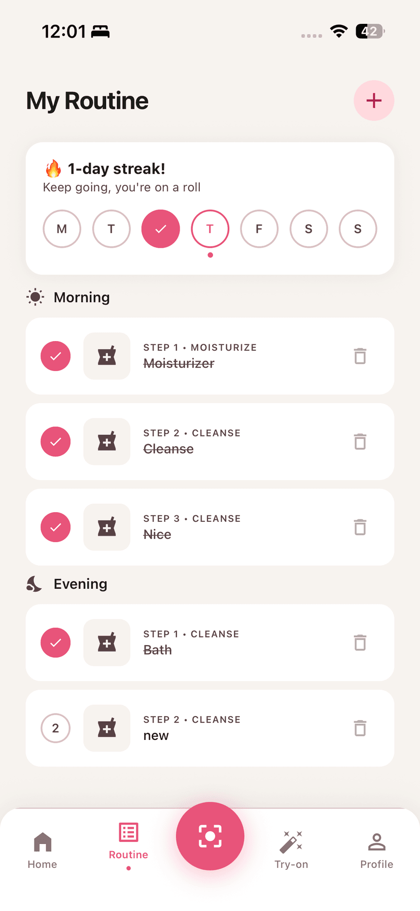 SkinBudget routine screen with morning and evening steps