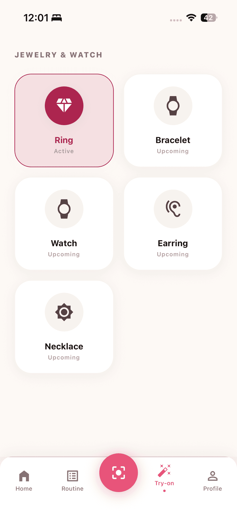 AR try-on category selection screen
